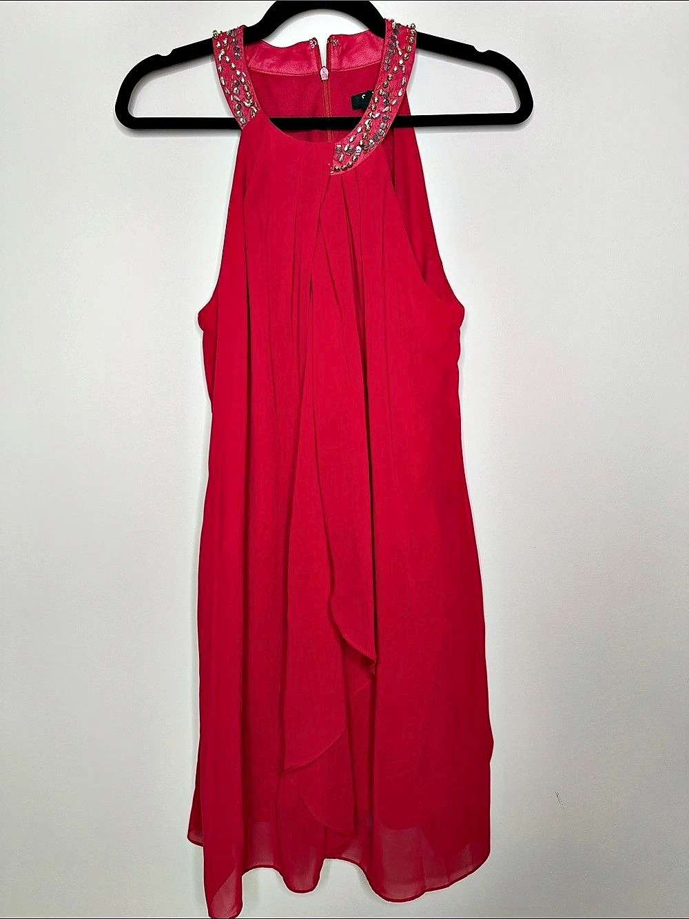 SLNY Jeweled Mock Neck Chiffon Cocktail Dress| Red | 10P